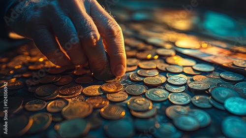 person collecting and organizing coins in a coin album, soft ambient lighting, detailed and historical tones photo