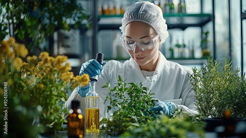person distilling essential oils from fresh herbs, in a modern eco-friendly lab, bright daylight, clean and innovative tones