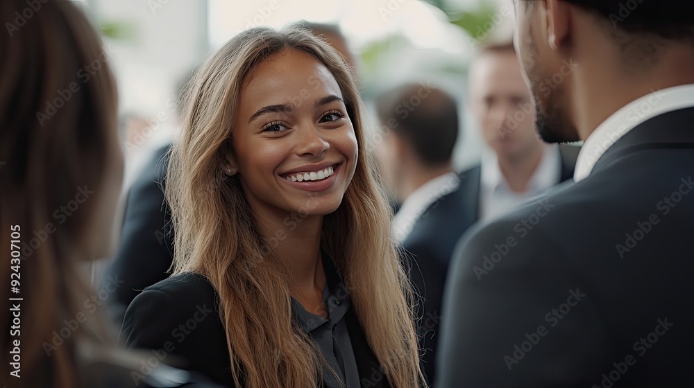At the conclusion of the fair, a multi ethnic team in business attire converses happily and shares laughs at a booth, showcasing their camaraderie At the conclusion of the fair, a multi ethnic team in business attire converses happily and shares laughs at a booth, showcasing their camaraderie