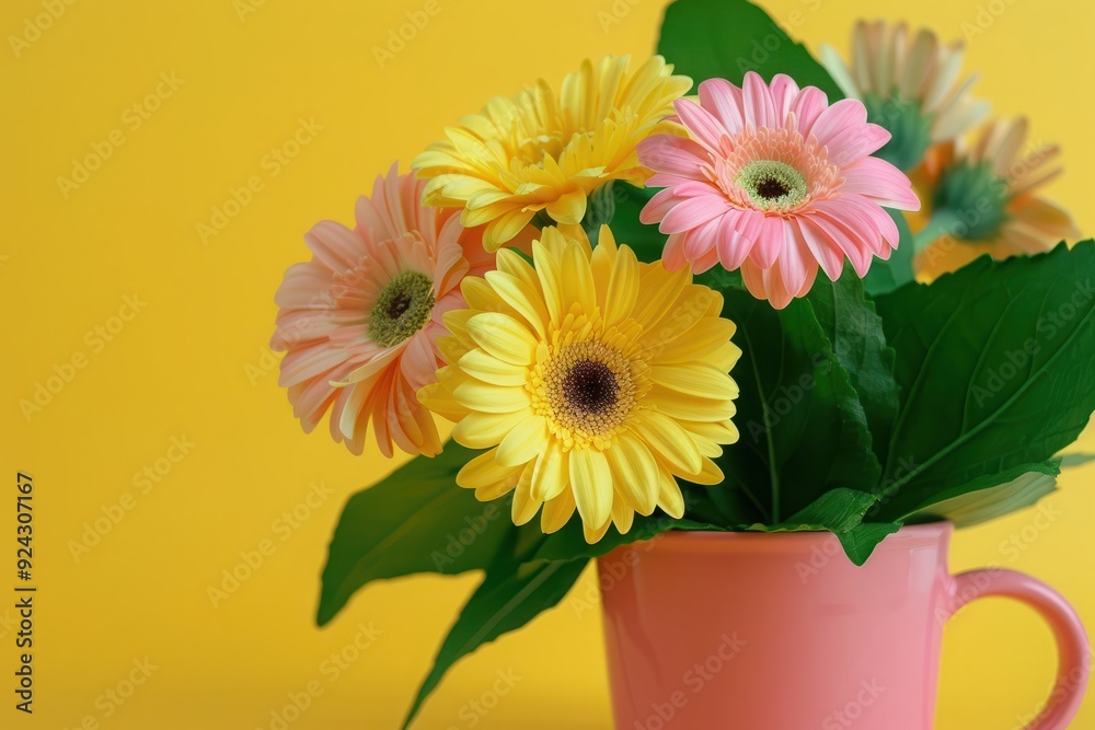 yellow and pink gerbera flowers in a pink cup on a yellow background with a green big green branch with leaves yellow and pink gerbera flowers in a pink cup on a yellow background with a green big green branch with leaves