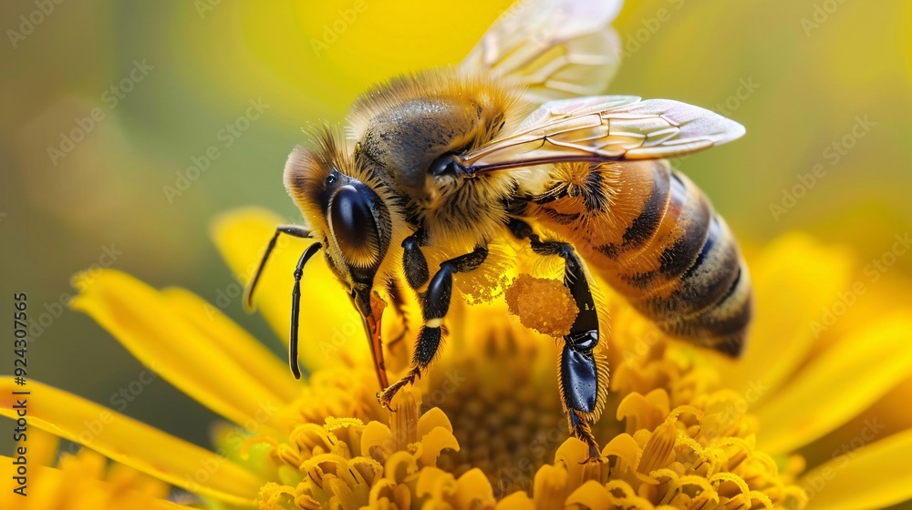 Detailed close-up of a honeybee collecting pollen from a bright flower, ultra-sharp and clear Detailed close-up of a honeybee collecting pollen from a bright flower, ultra-sharp and clear