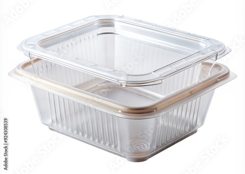 Empty transparent plastic packaging isolated on white background, awaiting refills or recycling, with folded edges and visible product label, ideal for food or product storage.