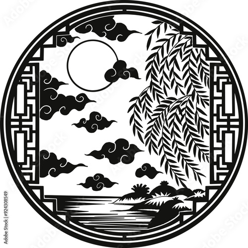 Chinese oriental papercut card illustration