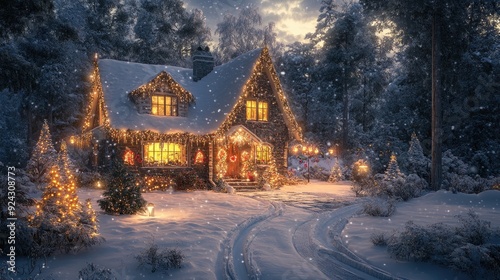 snowy outdoor scene, with a house lit up with New Yearâ€™s decorations, soft ambient lighting, warm and cozy tones
