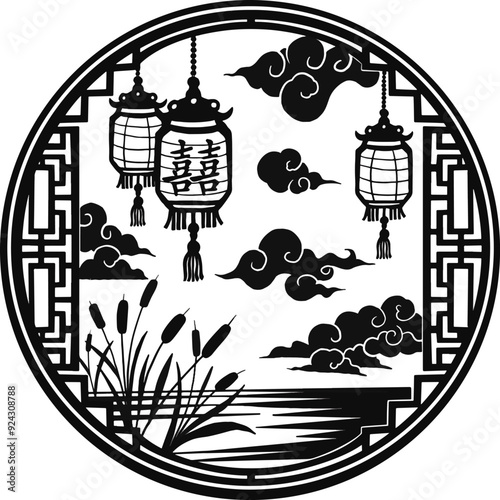 Chinese oriental papercut card illustration