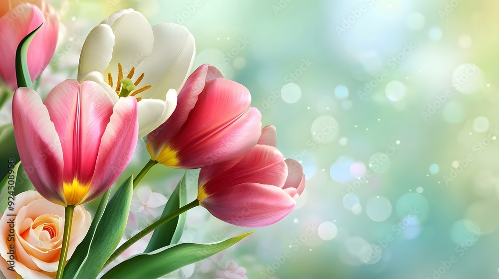 Naklejka premium Close-up of pink and white tulips with green leaves and a blurry green background. Perfect for quotes, and greeting cards.