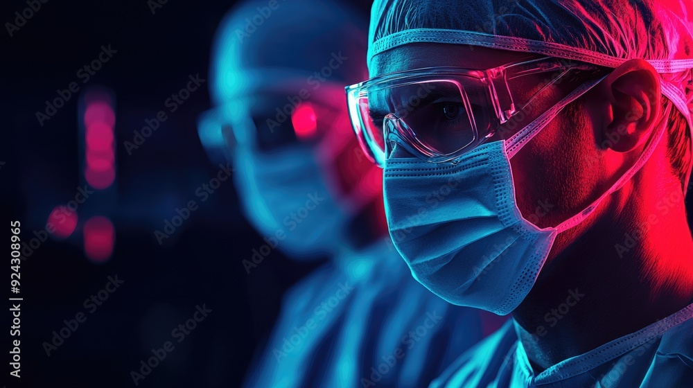 surgeon in the operating room, dressed in scrubs and mask, bright surgical lighting, intense and professional atmosphere