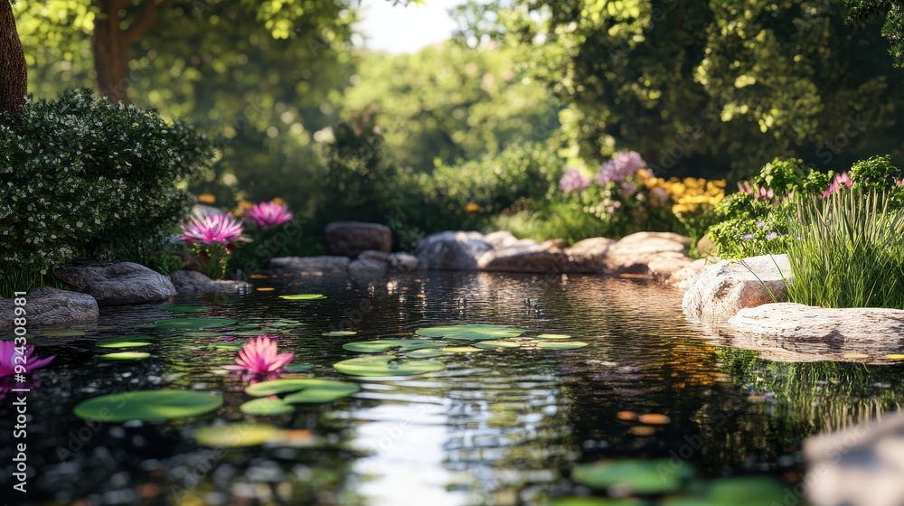 Fototapeta premium Serene Pond with Water Lilies and Lush Greenery