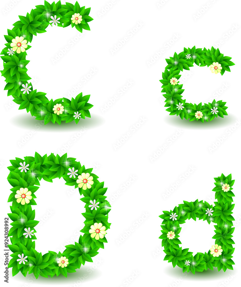 green leaf and flowers vector set, Environmental alphabet green leaf and flowers vector set, Environmental alphabet