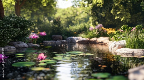 Serene Pond with Water Lilies and Lush Greenery