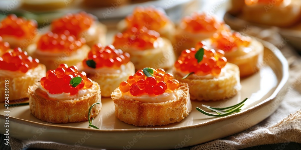 Canape with red caviar in butter on a beige plate Horizontal image Canape with red caviar in butter on a beige plate Horizontal image