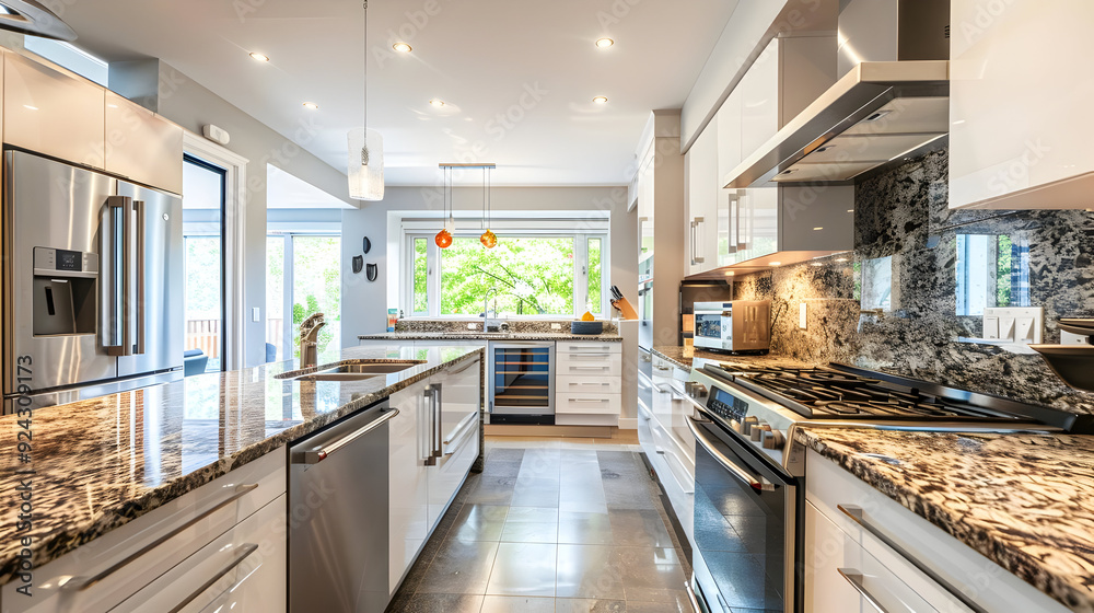 Modern Kitchen Interior Design with Granite Countertops and Stainless Steel Appliances - Photo Modern Kitchen Interior Design with Granite Countertops and Stainless Steel Appliances - Photo