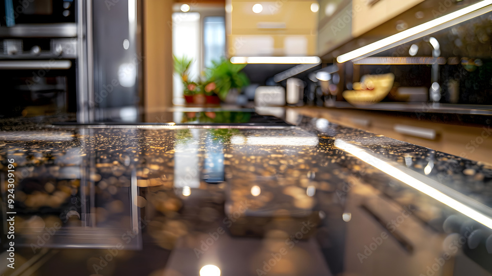 Black Granite Kitchen Countertop with LED Lighting - Photo Black Granite Kitchen Countertop with LED Lighting - Photo