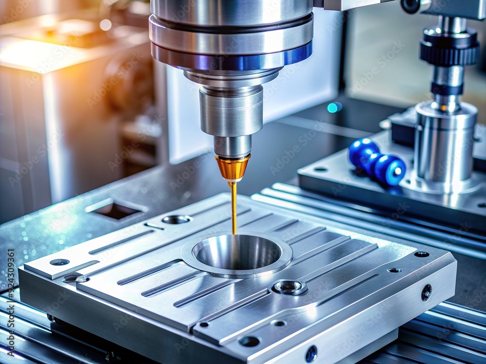 High-precision coordinate measuring machine probe with sensor checks quality of intricately crafted metal parts on a computer numerical control machining center background.