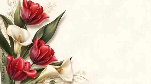 Close-up of three red tulips and two white calla lilies on a white background. Perfect for quotes, and greeting cards.