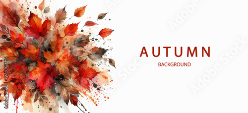 Autumn background with watercolor falling leaves . Abstract art autumn minimalistic background with brush texture and flying maple leaves.. Hand-painted natural art with fall leaves. Autumn border .