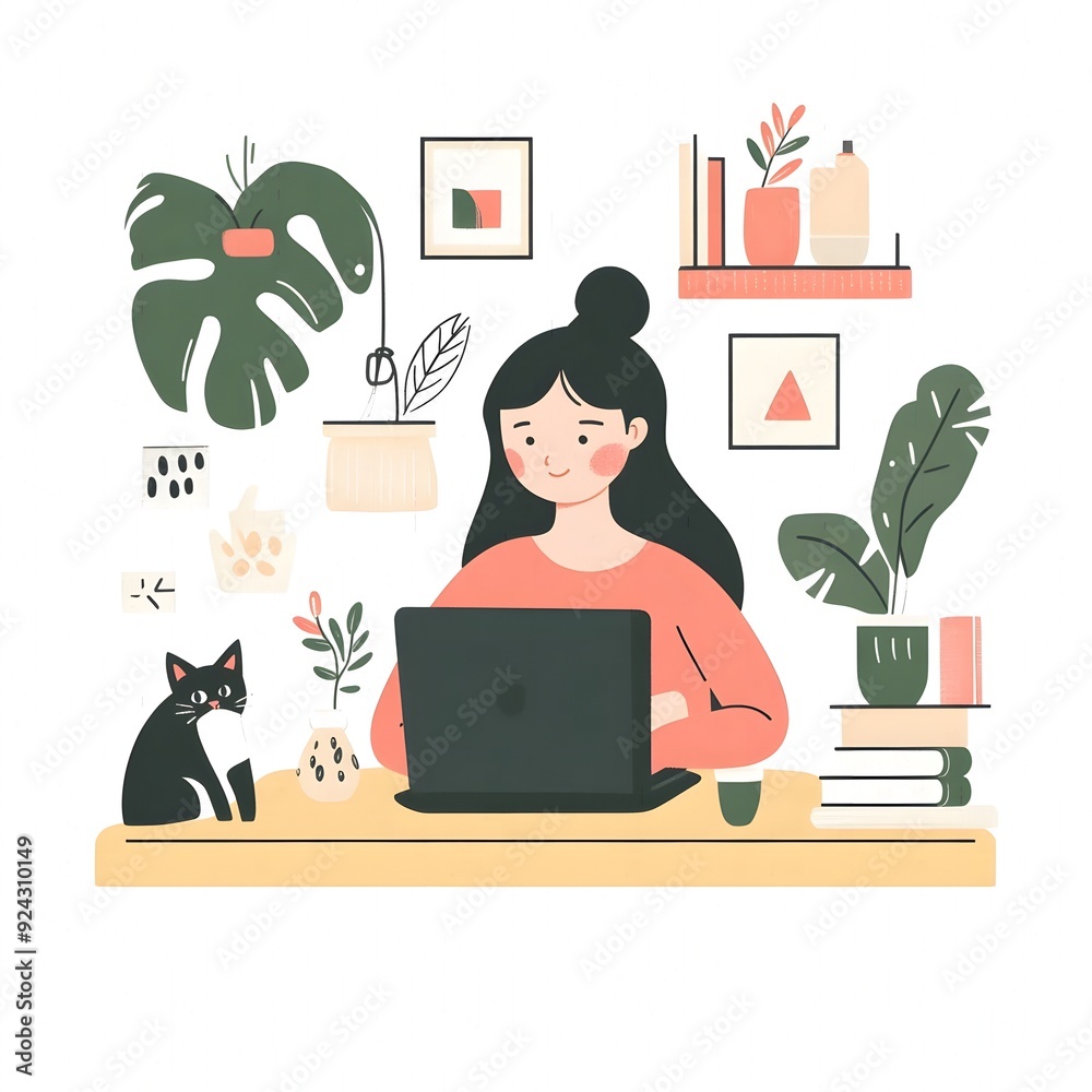 2d illustration. a young woman works from home. simple work decoration around her. white background. 2d illustration. a young woman works from home. simple work decoration around her. white background.