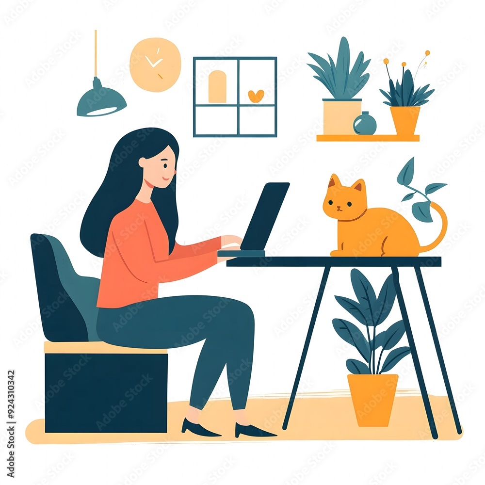 2d illustration. a young woman works from home. simple work decoration around her. white background. 2d illustration. a young woman works from home. simple work decoration around her. white background.