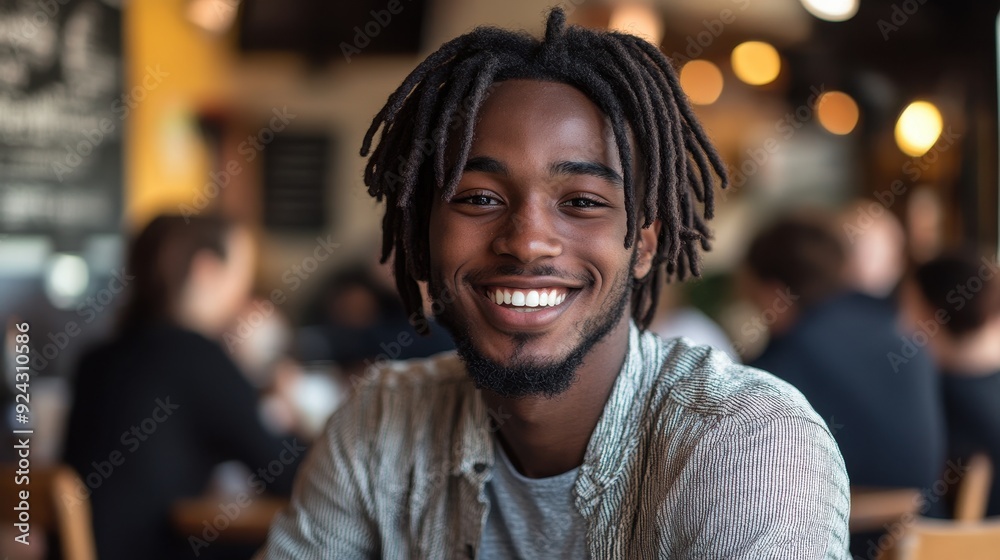 Happy Black Man with Dreadlocks Smiling in Cafe