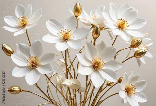 a collection of stylized white blooms with shiny gold filaments, set against a pale, uncluttered surface for a minimalist yet striking effect.