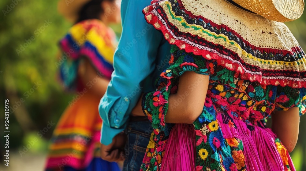 Fototapeta premium Two people in colorful traditional outfits, one focus wearing hat Ethnicity appears to be Hispanic Outdoors setting