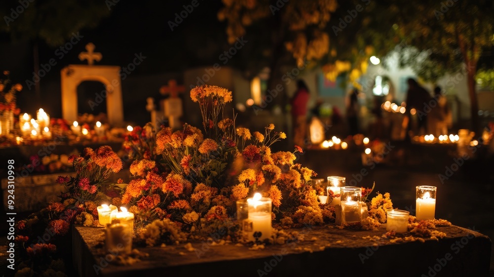 Illuminated cemetery at night with candles and flowers, people mourning
