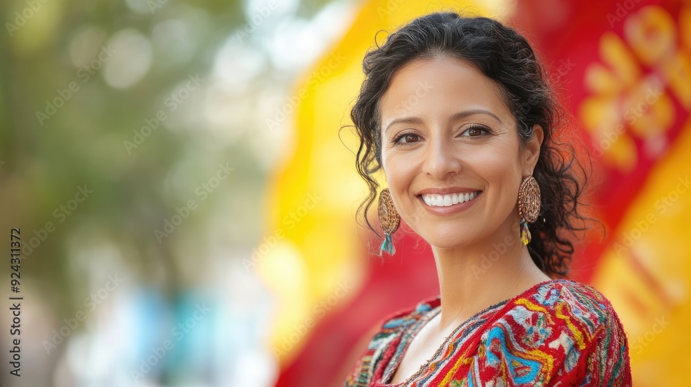 Smiling woman in colorful attire with earrings, curly hair outdoors Smiling woman in colorful attire with earrings, curly hair outdoors