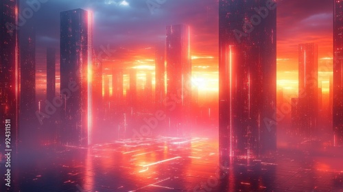 Futuristic Cityscape with Glowing Towers at Sunset