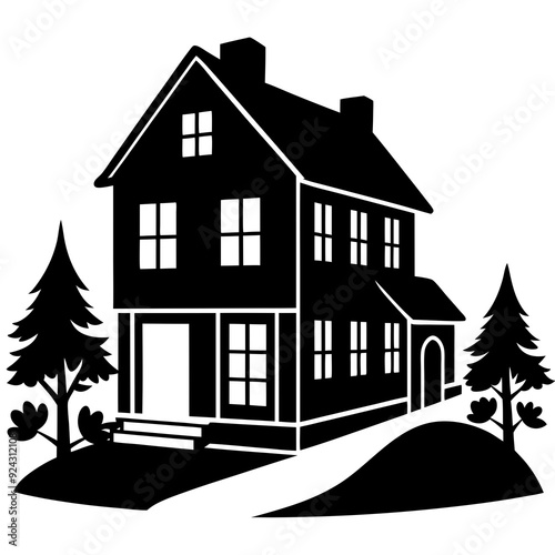 house isolated on white, house vector illustration, Two story house vector art, house silhouette, house vector icon, bilding cartoon line art, eps