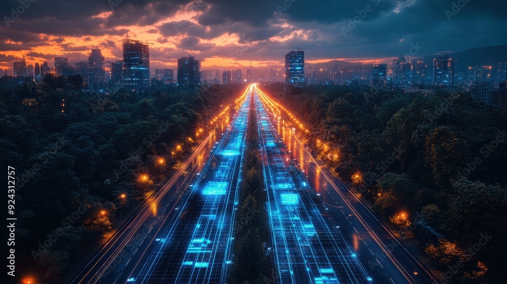 Futuristic Cityscape with Highway and Digital Network Futuristic Cityscape with Highway and Digital Network
