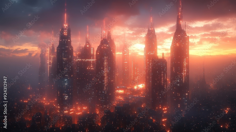 Fototapeta premium Futuristic Cityscape at Sunset