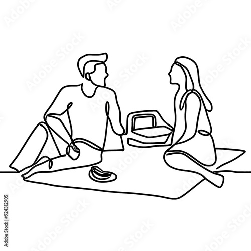 coouple picnic line drawing. couple with drinks, snacks and meals