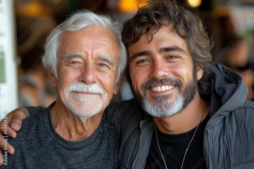 heartwarming portrait of an elderly man embracing his adult son both smiling warmly at the camera set against a clean white background emphasizing familial bond heartwarming portrait of an elderly man embracing his adult son both smiling warmly at the camera set against a clean white background emphasizing familial bond