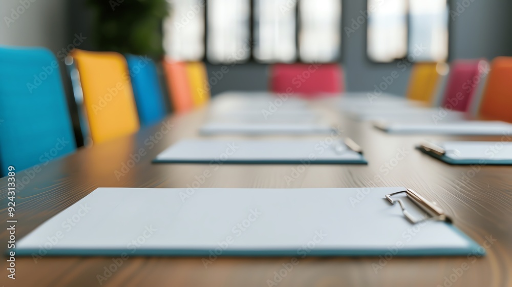 Meeting room with colorful chairs and notepads on a wooden table, ready for a business meeting or conference. Meeting room with colorful chairs and notepads on a wooden table, ready for a business meeting or conference.