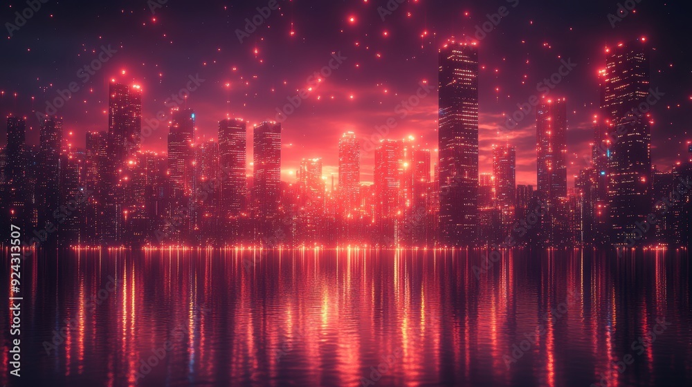 Obraz premium Cyberpunk Cityscape with Red Neon Lights