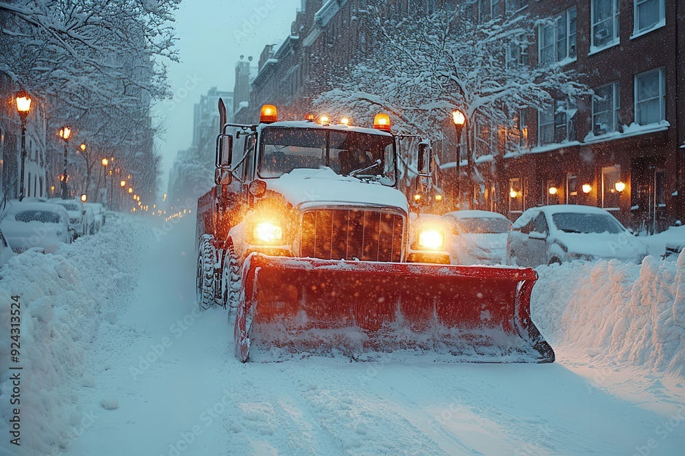 heavyduty snow plow clearing city streets after blizzard illuminated by street lamps in twilight buildings covered in fresh snow heavyduty snow plow clearing city streets after blizzard illuminated by street lamps in twilight buildings covered in fresh snow
