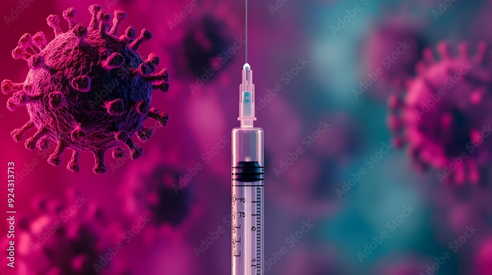 Close up of Syringe Filled with Vaccine Battling Virus Particle in Medical Fight Against Spread Close up of Syringe Filled with Vaccine Battling Virus Particle in Medical Fight Against Spread