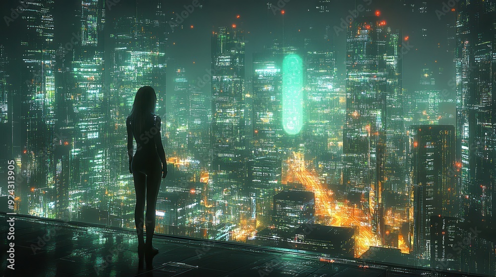 Woman Gazing at Futuristic Cityscape with Glowing Green Tower Woman Gazing at Futuristic Cityscape with Glowing Green Tower