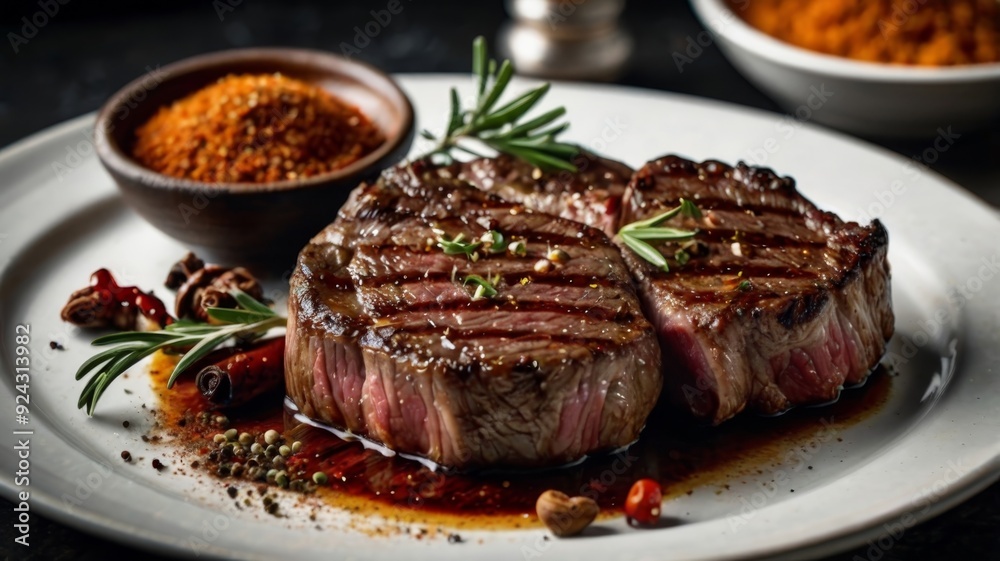 Tender Rib eye Steak Slices with Spices on Plate Tender Rib eye Steak Slices with Spices on Plate