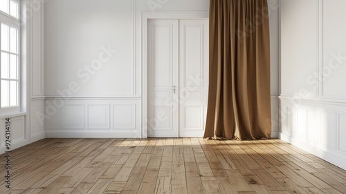 Wallpaper Mural An empty room with white doors and walls, brown curtains and wooden floors Torontodigital.ca