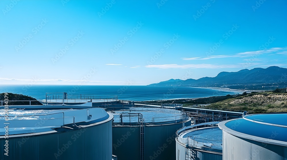 Freshwater Storage Tanks at Coastal Desalination Plant with Ocean Horizon View Freshwater Storage Tanks at Coastal Desalination Plant with Ocean Horizon View