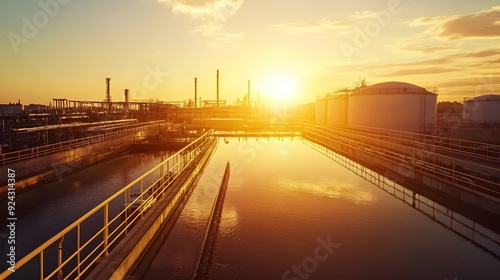 Gleaming Desalination Plant at Sunrise with Golden Light