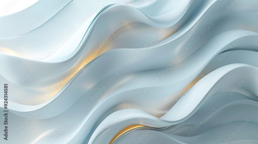 Fototapeta premium Abstract light blue wavy background with golden highlights.