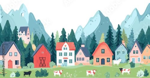 Quaint village with colorful houses, barns, and grazing cows set against a backdrop of tall pine trees and majestic mountains