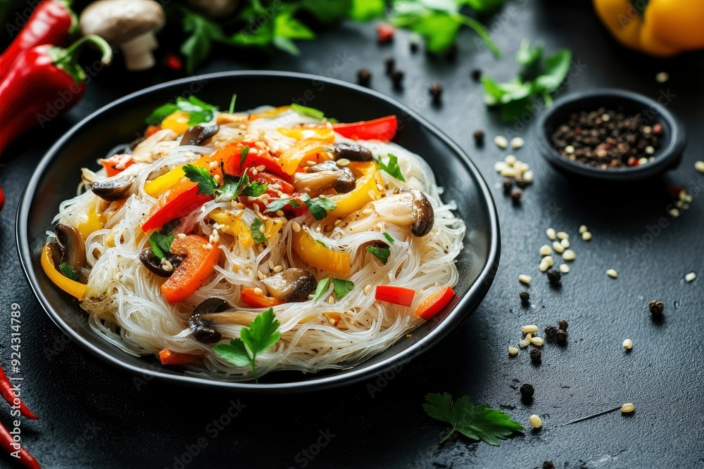 Delicious Asian cuisine dish with rice noodles, peppers, mushrooms and spices on a dark concrete background with generative ai Delicious Asian cuisine dish with rice noodles, peppers, mushrooms and spices on a dark concrete background with generative ai