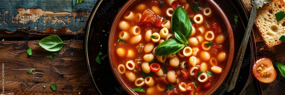 Fototapeta premium Italian bean broth with pasta, featuring flavorful Borlotti beans and a hearty soup.