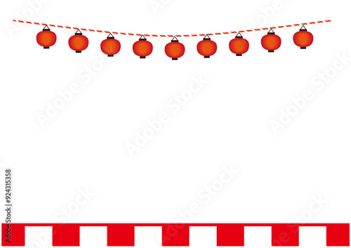 日本のお祭りの赤い提灯と紅白の幕のフレーム