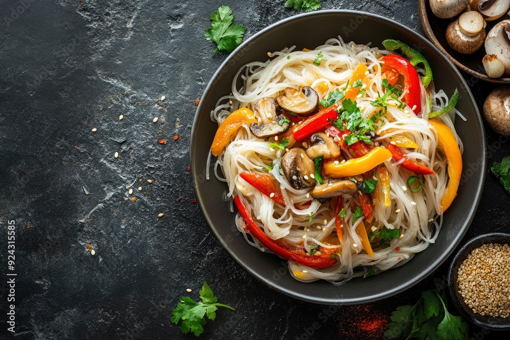 Delicious Asian cuisine dish with rice noodles, peppers, mushrooms and spices on a dark concrete background with generative ai Delicious Asian cuisine dish with rice noodles, peppers, mushrooms and spices on a dark concrete background with generative ai