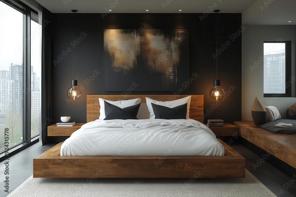 industrial chic loft bedroom kingsize bed with crisp white linens bold abstract artwork charcoal accent wall pendant lights minimalist decor urban sophistication industrial chic loft bedroom kingsize bed with crisp white linens bold abstract artwork charcoal accent wall pendant lights minimalist decor urban sophistication