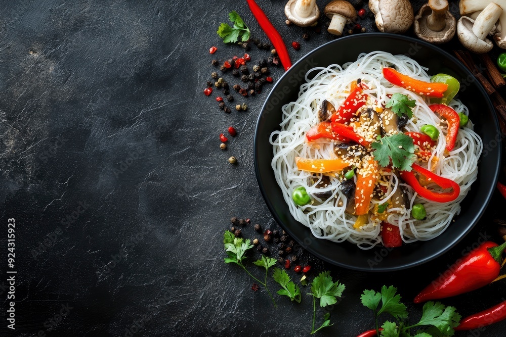 Delicious Asian cuisine dish with rice noodles, peppers, mushrooms and spices on a dark concrete background with generative ai Delicious Asian cuisine dish with rice noodles, peppers, mushrooms and spices on a dark concrete background with generative ai